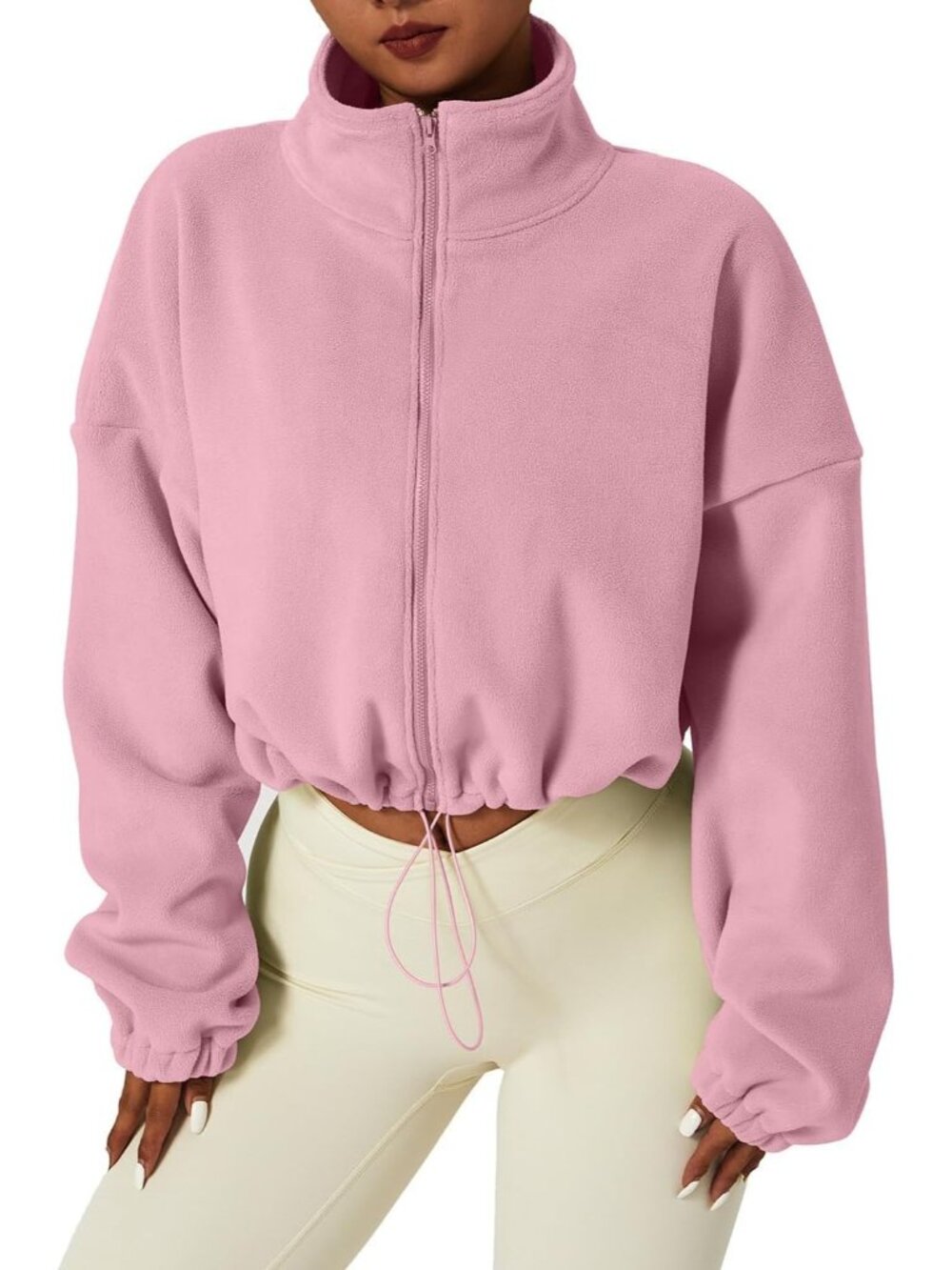 〽️Women's Pink Lightweight Cropped Fleece Full Zip Winter Stand Collar Jacket Co